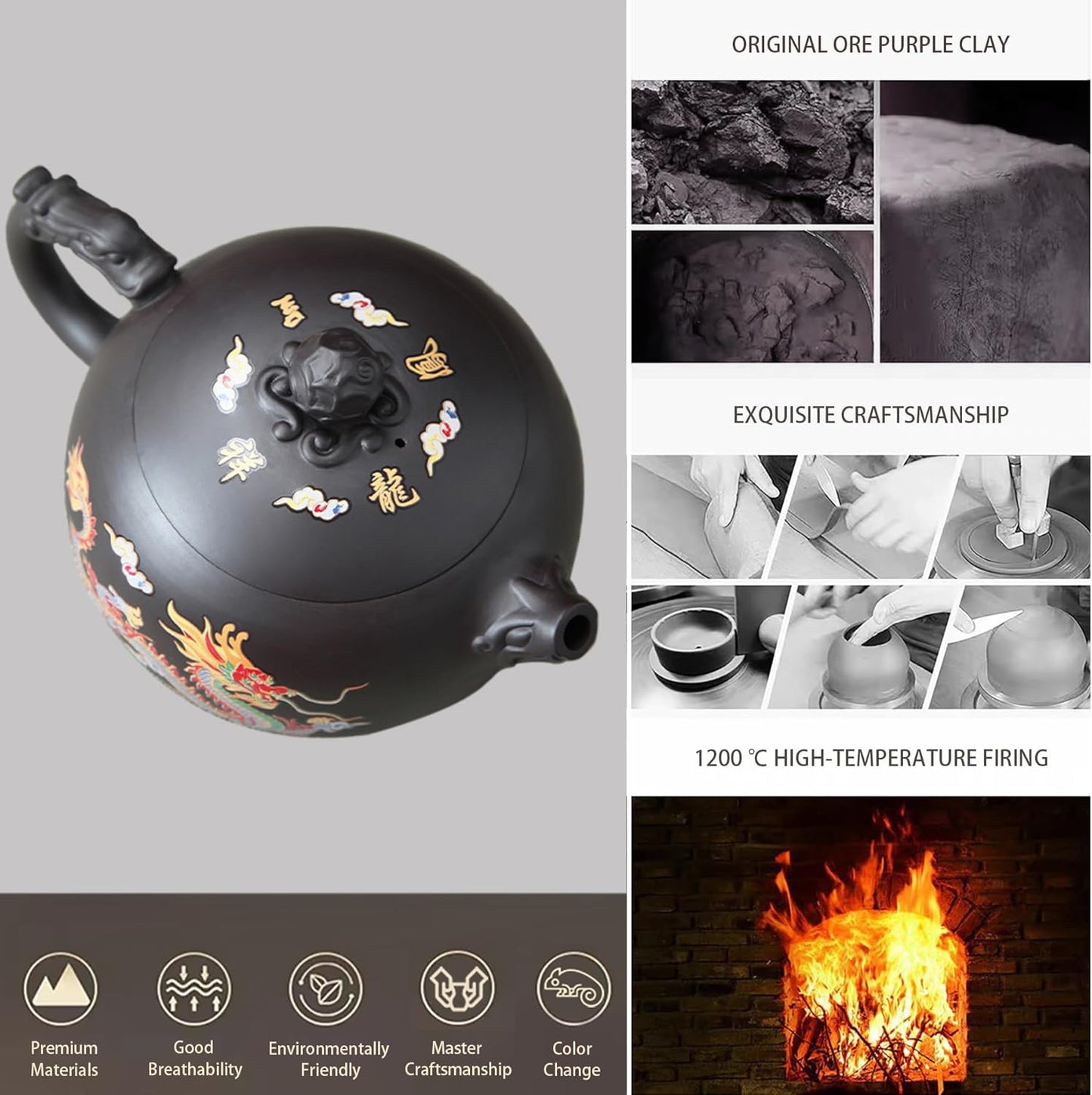 Hand-Made Dragon and Phoenix Color-Changing Purple Clay Teapot，Zisha Tea Pot Chinese Kung Fu Tea Set Tea Lover‘S Gift Large Capacity Teapot(17.6 Oz)