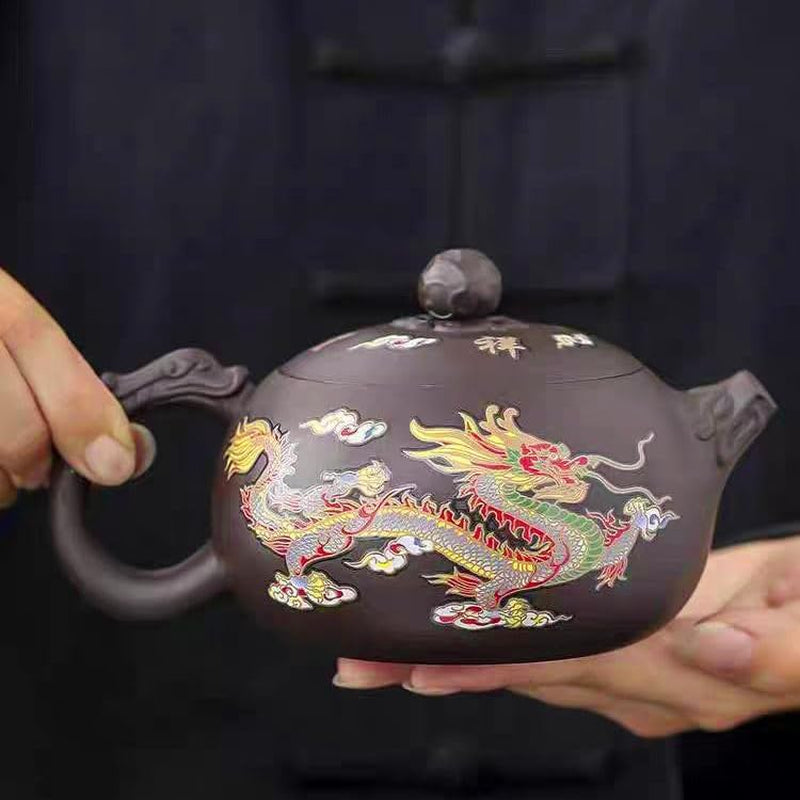 Hand-Made Dragon and Phoenix Color-Changing Purple Clay Teapot，Zisha Tea Pot Chinese Kung Fu Tea Set Tea Lover‘S Gift Large Capacity Teapot(17.6 Oz)