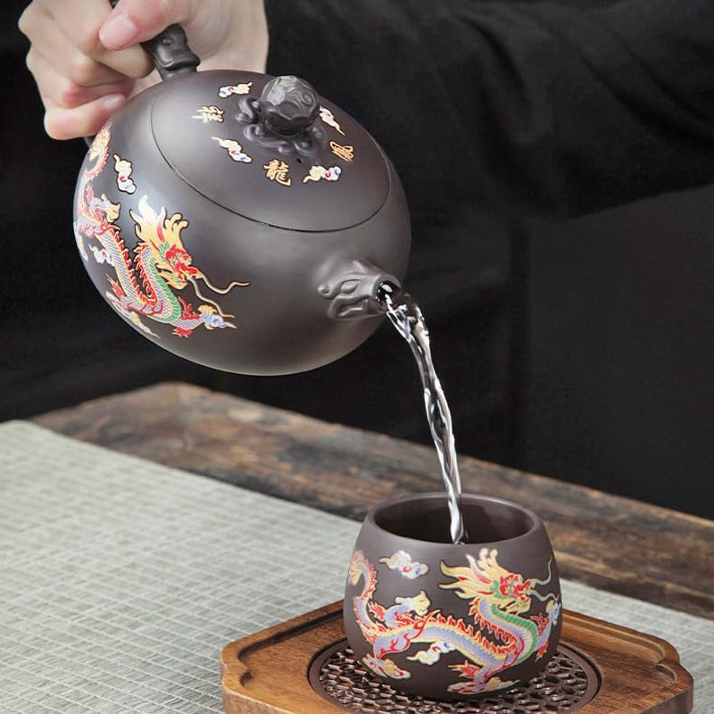 Hand-Made Dragon and Phoenix Color-Changing Purple Clay Teapot，Zisha Tea Pot Chinese Kung Fu Tea Set Tea Lover‘S Gift Large Capacity Teapot(17.6 Oz)