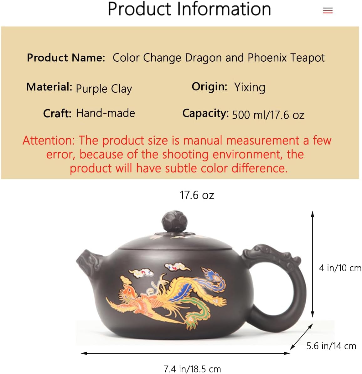 Hand-Made Dragon and Phoenix Color-Changing Purple Clay Teapot，Zisha Tea Pot Chinese Kung Fu Tea Set Tea Lover‘S Gift Large Capacity Teapot(17.6 Oz)